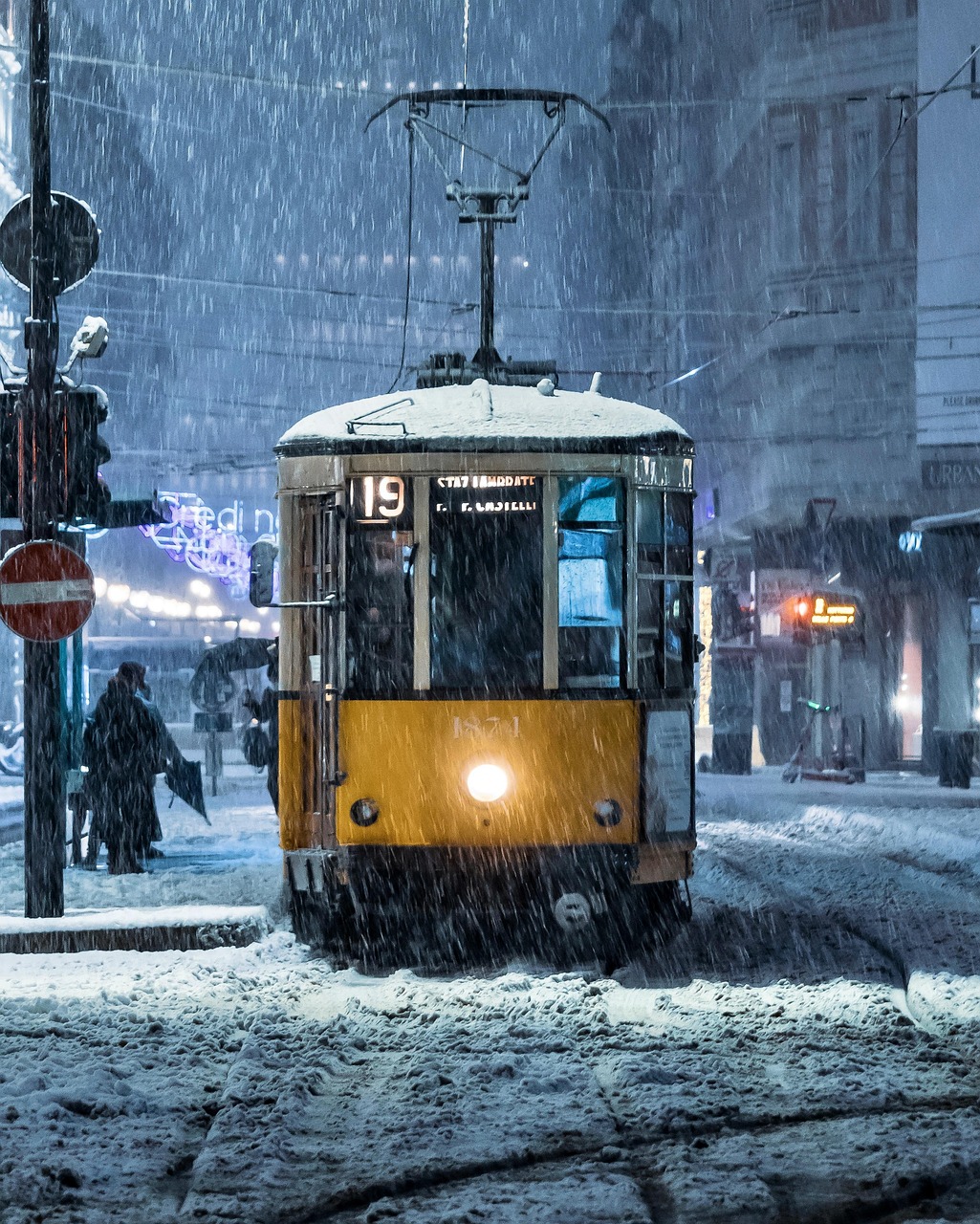 tram, snow, winter, nature, night, transportation